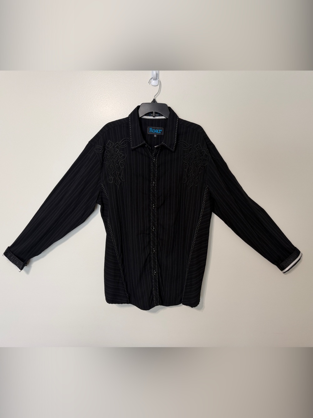 Roar Black Pinstripe Embroidered Button-Front Shirt Jacket